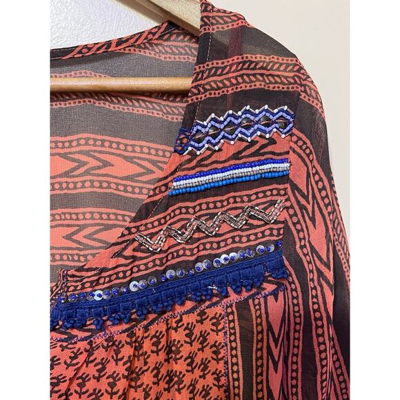 Free People Sheer top Womens button pullover top Boho Hippie sequin beads pocket - Picture 4 of 6